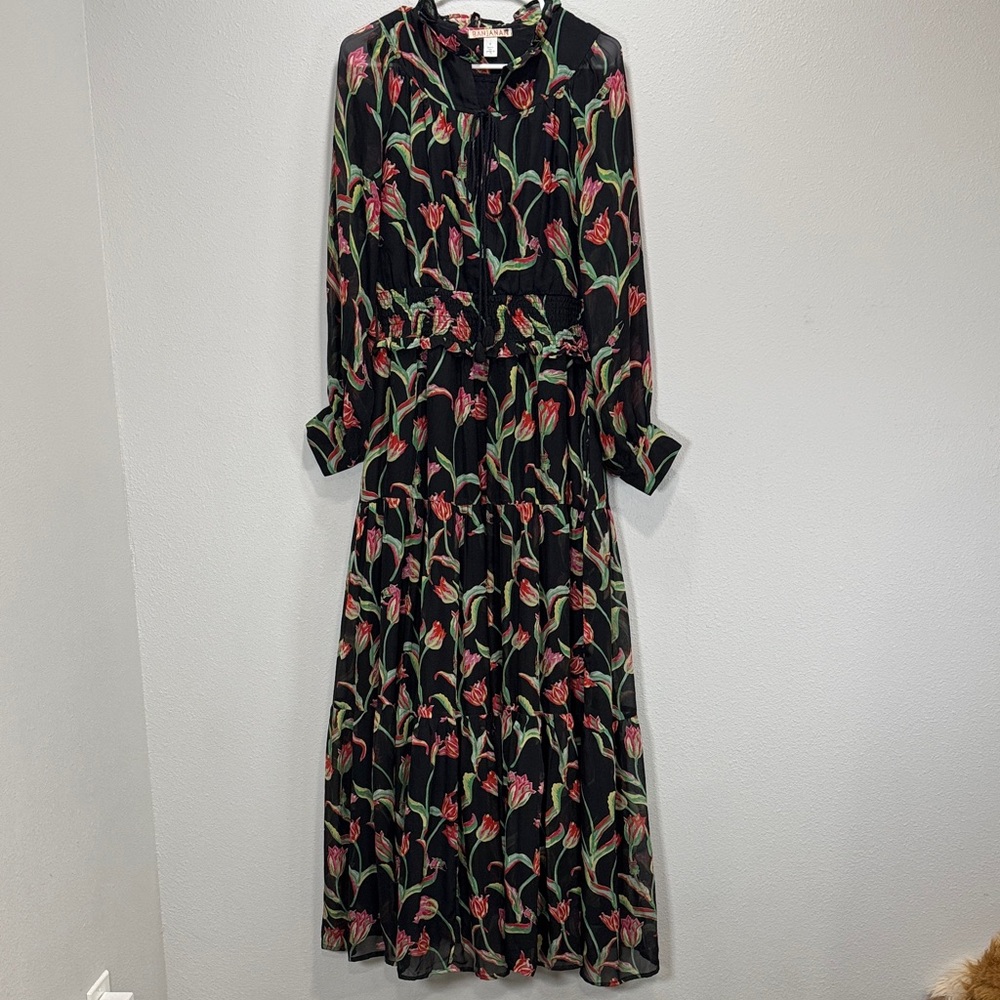 Banjanan‎ dress silk Black Maxi with red Pink Tulip Print long sleeve